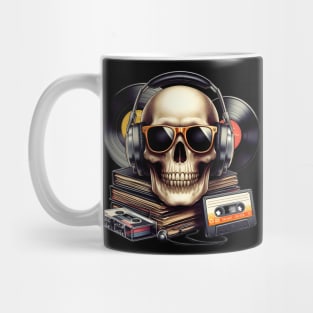 Skull head with headphones and sunglasses in a retro style. Mug